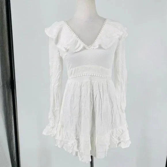White Long Sleeve V-Neck Open Back Ruffle Hem Mini Dress - Picture 8 of 17